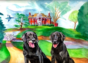 Black Labs, Dogs in Front yard of House, Jake and Bubba, Watercolor Painting, Card Illustration 